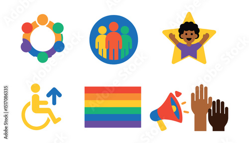 Flat vector icons of diversity and empowerment: multicultural circle, inclusive community badge, gender diversity icon, youth empowerment star, accessible opportunity symbol, pride flag icon, voices