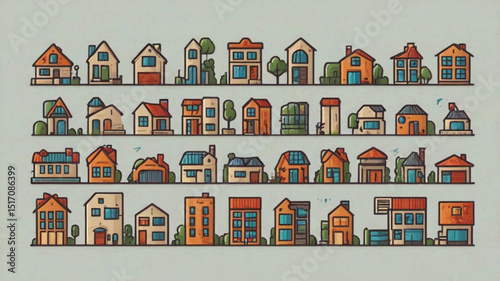 Illustration of a diverse collection of houses with varying architectural styles and color schemes arranged in rows created with generated ai