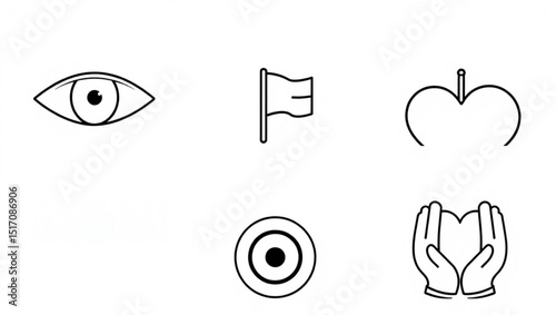 Outline drawing featuring an eye flag target apple and hands holding a heart in a simple design style created with generated ai