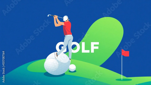 A golfer swinging a club on a golf course with a flag and golf balls in a vector illustration style created with generated ai