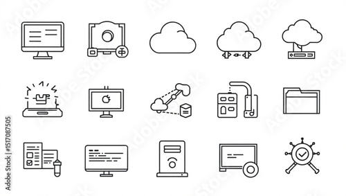 Outline icons depicting computer technology networking and data management elements in a vector format created with generated ai