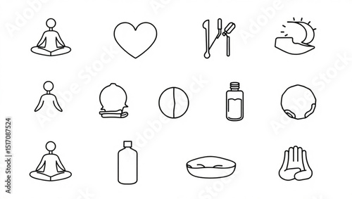 Collection of wellness icons including yoga poses heart and spa elements in simple black outline style created with generated ai