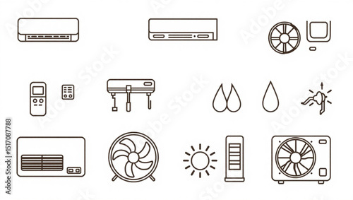 Outline drawing of air conditioning units, fans, remote controls, and humidity indicators in black lines created with generated ai