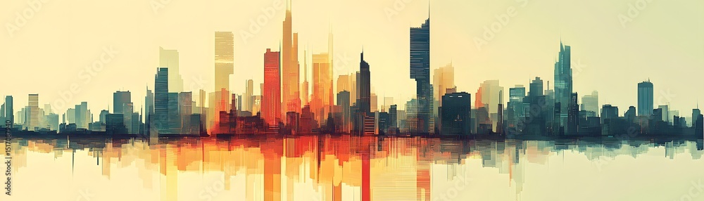 Fototapeta premium A stunning abstract skyline at sunset, showcasing vibrant colors reflecting off the water. This visual evokes feelings of tranquility and urban beauty in a modern cityscape.