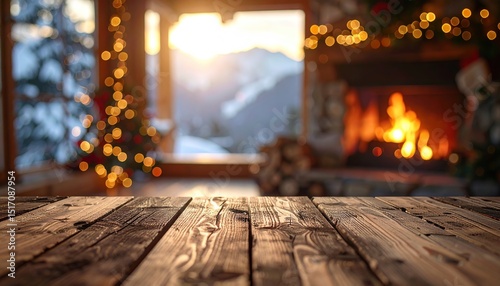 Wooden table in front of a cozy fireplace, Christmas setting, mountain view