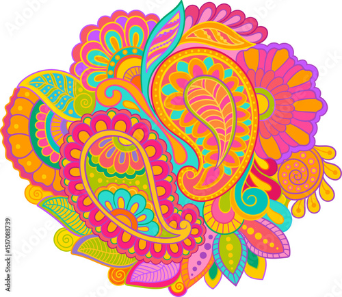 Colorful paisley decorative element. Floral zentangle vector object for designing borders, corners, flyers,banners, covers