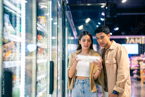 Happy Asian family couple shopping buying organic frozen food at supermarket. Man and woman customer with shopping cart walking, choosing food, groceries and reading product labels on fridge shelves.