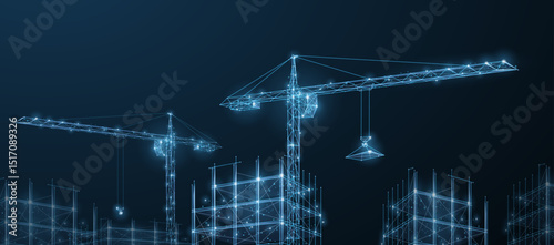 Construction. Polygonal wireframe building under crune on dark blue night sky with dots, stars.