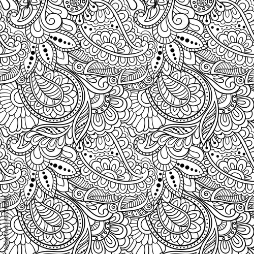 Indian floral zentangle motif seamless pattern. Black lineart on white background