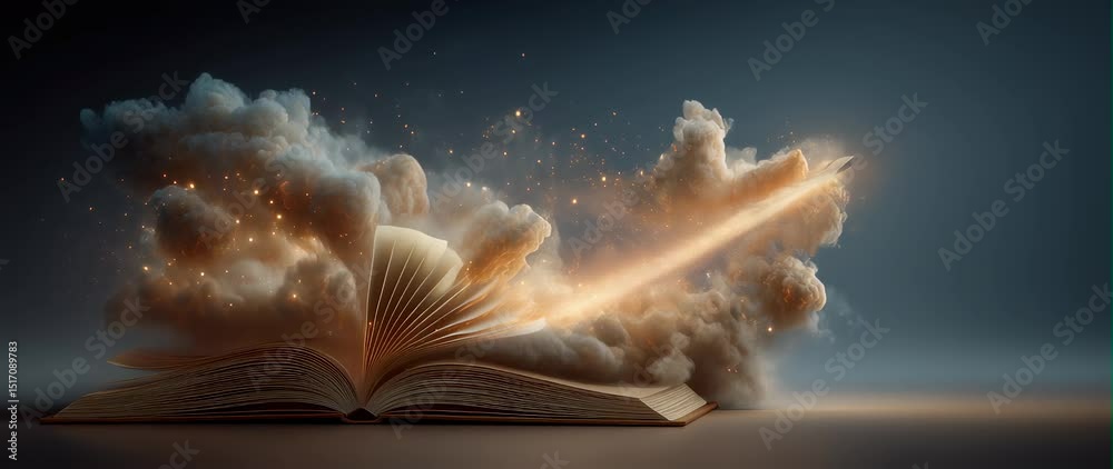 Anamorphic video World book day 3D animation. Open book with its pages transforming into clouds and fire as a rocket emerges at high speed