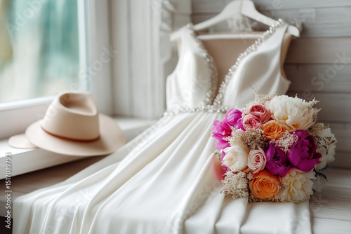 Elegant Wedding Day Table Setting with Floral Decor, Rose Gold Accents, and Champagne Elegance,  photo