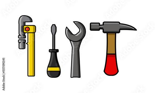 DIY Hand Tool Graphics Set: Featuring a Pipe Wrench, Phillips Screwdriver, Spanner, and Hammer in a Bold, Colorful Cartoon Illustration Style