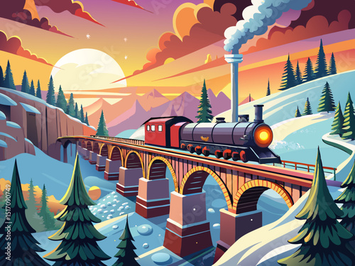 vector of A steam train crosses a snowy bridge at sunset.