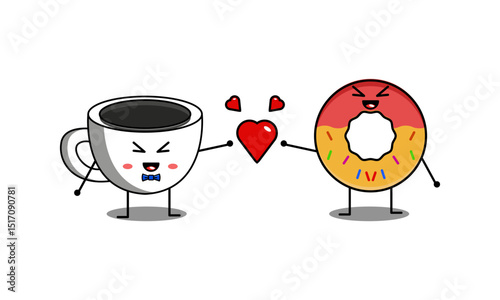 Charming Illustration of a Kawaii Coffee Mug and Sweet Donut Expressing Affection, Ideal for Bakery Advertisements, Morning Routines, and Romantic Food Concepts