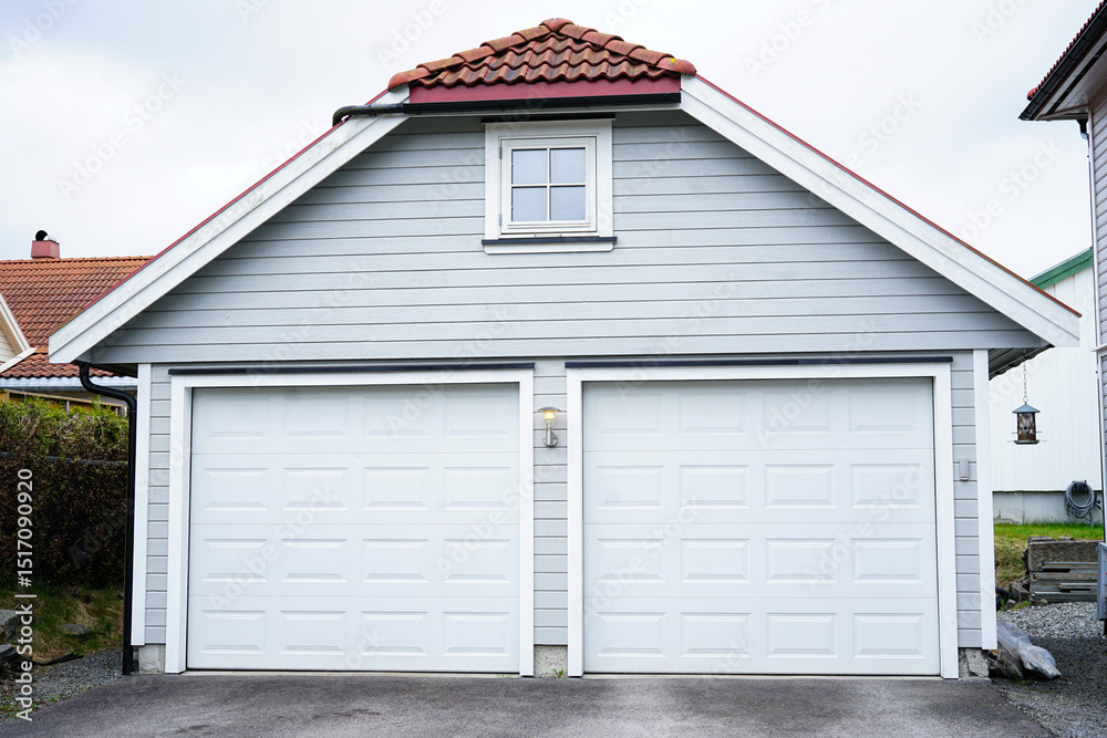 Naklejka premium Double Garage with White Doors and Red Tiled Roof in Suburban Area