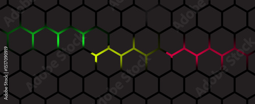 Dark hexagon abstract technology background yellow blue and green colored bright flashes under hexagon. Hexagonal gaming vector tech illustration black abstract background.