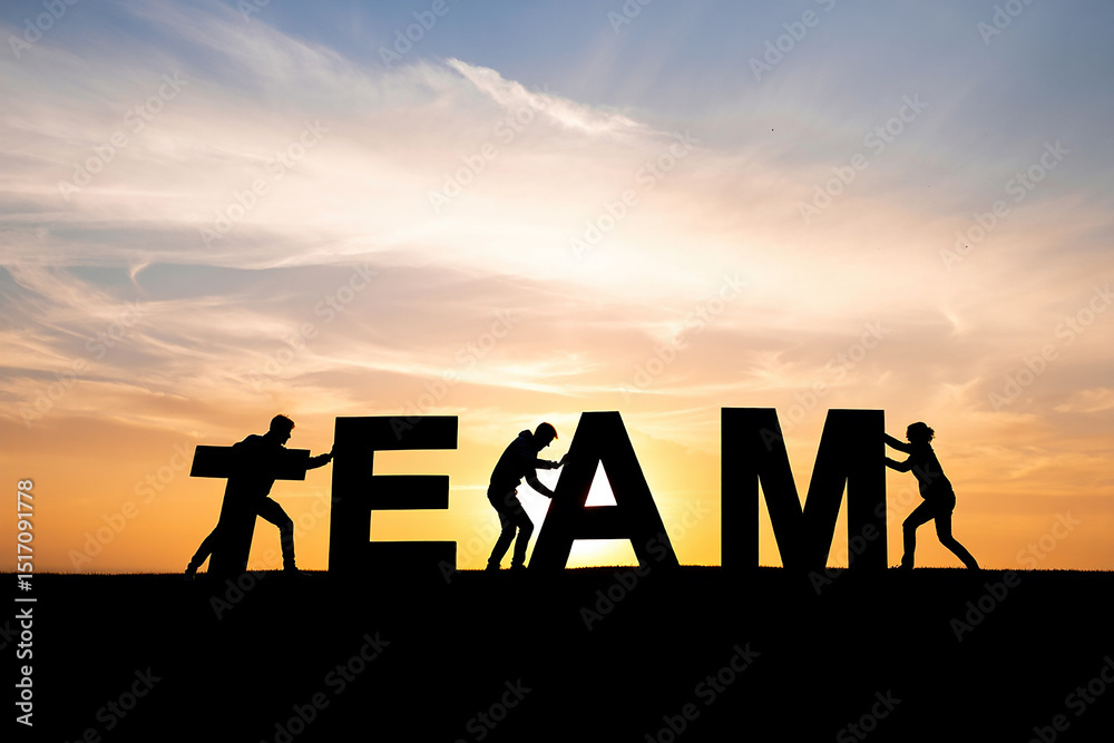 Silhouette of people pushing team letters under dramatic sunset sky representing teamwork and collaboration Silhouette of people pushing team letters under dramatic sunset sky representing teamwork and collaboration
