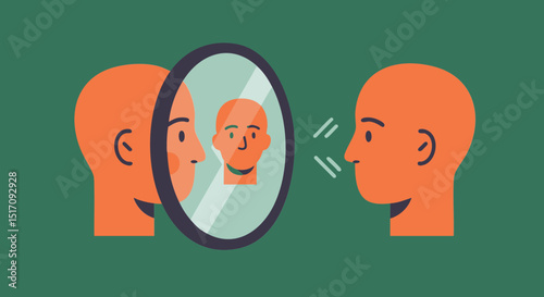 自己認識、鏡の中の自分、フラットデザイン、オレンジと緑、自己受容、多様性、共感、平等、包括性、ウェブサイト、ブログ用画像