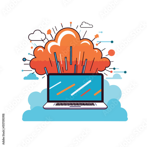 Professional Computer and Cloud Transfer Sign Icon Cartoon Vector for Digital File Sharing Solutions
