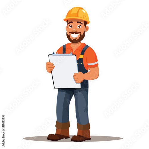 Professional Construction Worker Smiling and Holding Clipboard Cartoon Illustration