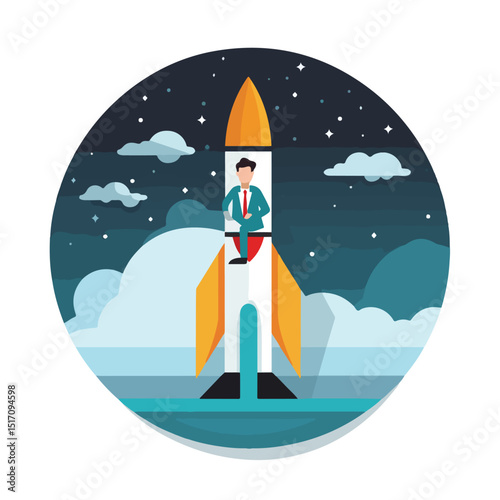 Professional Flat Design Businessman Rocket Icon Vector Illustration