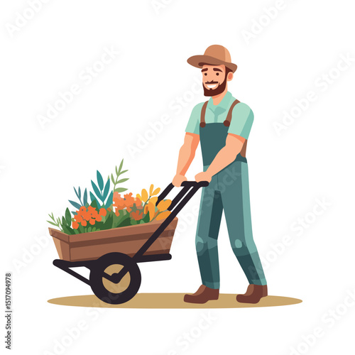 Professional Gardener Man with Wheelbarrow Character Vector Illustration