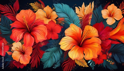 Wallpaper Mural vibrant hibiscus flower border in fiery reds and oranges adding a bold tropical look Torontodigital.ca