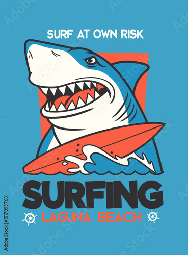 Stylized graphic of a menacing shark holding a surfboard in blue and orange