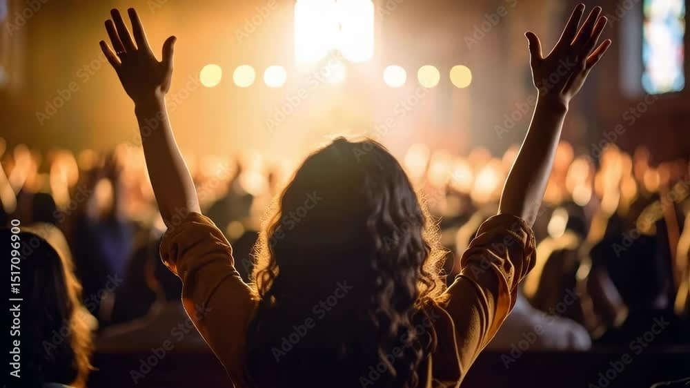 Congregation raising hands in worship inside sanctuary with bright glowing lights during religious ceremony, expressing faith
