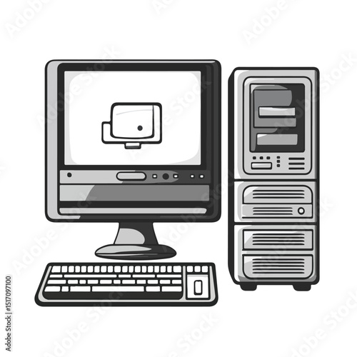 Professional Black and White Vector Illustration of PC Screen and Server for IT Solutions