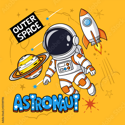 Cute cartoon astronaut floating in space with a rocket and planet