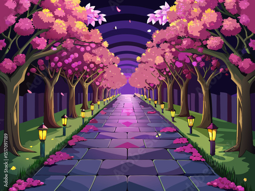vector of The path of magenta blossoms on both sides of the path, the path with bright base lights, the path covered with paving stones