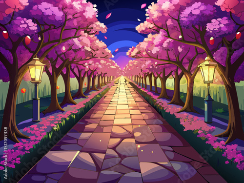 vector of The path of magenta blossoms on both sides of the path, the path with bright base lights, the path covered with paving stones