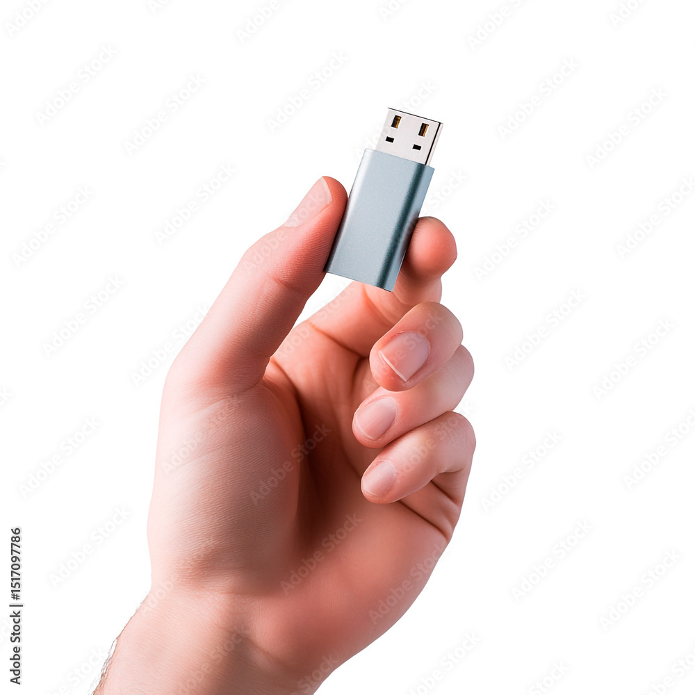 Fototapeta premium Close-up shot showcasing a hand holding a sleek, gray USB flash drive against a stark black background, emphasizing data storage and portability.