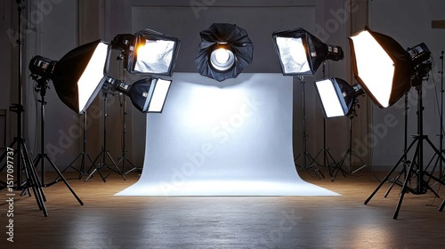Professional Photography Studio Setup with Softbox Lights and White Background