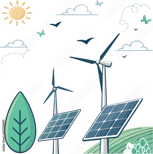 solar panels and wind turbines vector