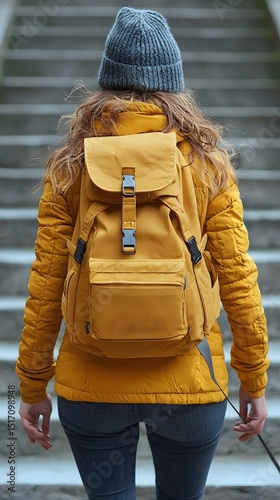 A young Caucasian woman with curly hair wearing a yellow jacket and a grey knitted beanie, walking up the steps with a stylish yellow backpack.