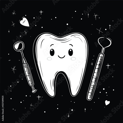 Humorous Cartoon of a Tooth with Dental Tools on Black Background for Dentistry Illustrations
