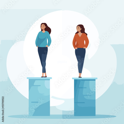 Professional Vector Illustration of a Woman Contemplating Two Options for Decision Making