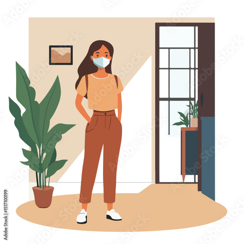 Professional Woman Wearing Face Mask Indoors - Vector Illustration of Safety Precautions at Home