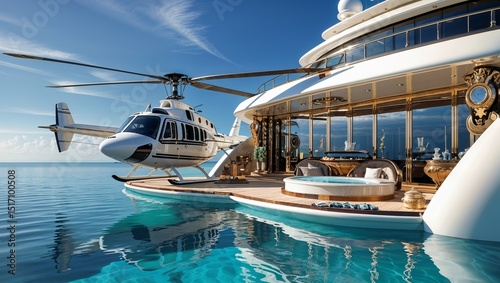 Extremely detailed and realistic high resolution 3D illustration of a luxury super yacht with a helicopter, a swimming pool and a jacuzzi
