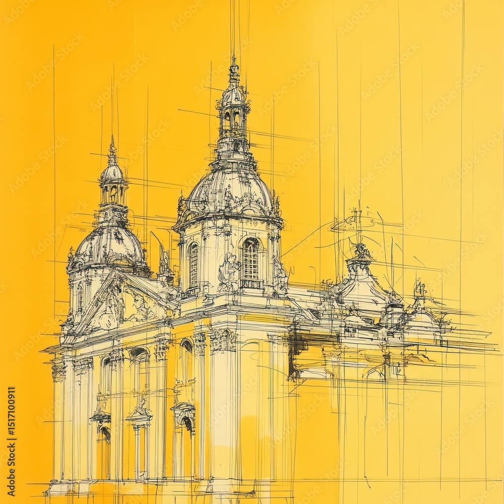 Fototapeta premium A Sketchy Yellow Depiction of a Baroque Church