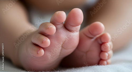 Tiny baby feet close-up on a soft white blanket