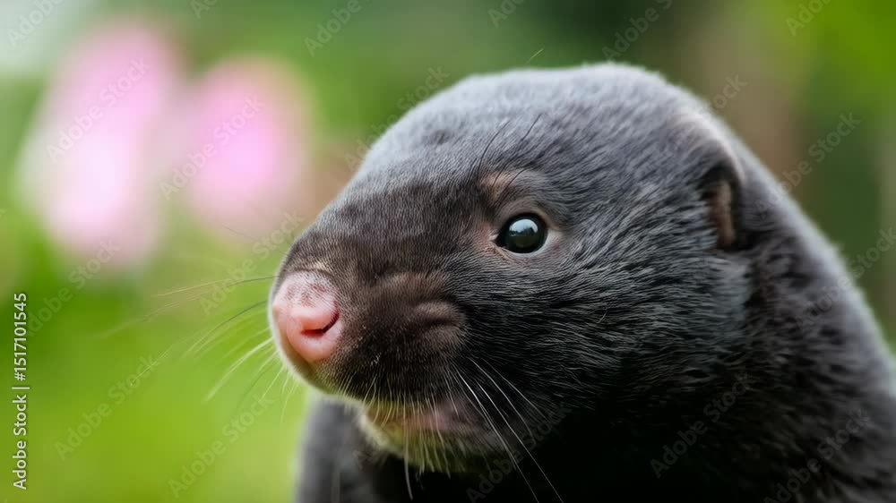 Close-up of a fluffy, dark gray mole with a pink nose peeking above green grass with pink flowers, focus on eyes and nose Close-up of a fluffy, dark gray mole with a pink nose peeking above green grass with pink flowers, focus on eyes and nose