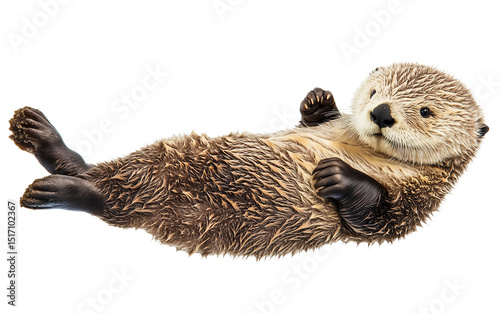Adorable tiny sea otter peacefully floating on its back with soft fur and calm expression in bright natural light isolated on transparent background PNG
