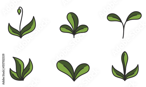 Spring plants in green colors set. Sprout, planting and nature design elements. Isolated vector images
