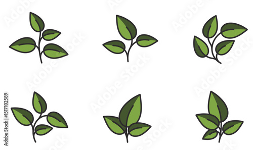 Curved plants and sprouts in green colors. Spring, planting and nature design elements. Isolated vector images