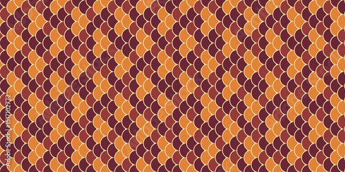 Abstract autumnal pattern featuring a repeating geometric design of overlapping scales in warm orange and brown hues.  Ideal for textile prints, website backgrounds, or decorative projects.