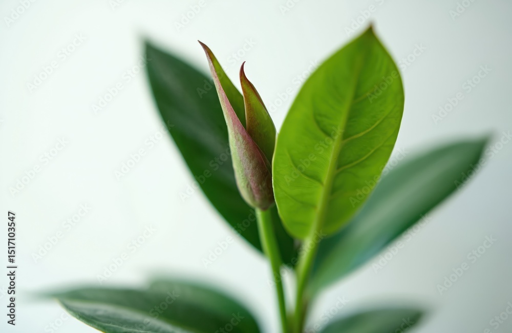 Obraz premium Close-up ficus rubber plant leaves with bud opening. Young green leaf growth, home gardening, plant care concept. Gardening, botany, nature, care, spring season, eco theme.