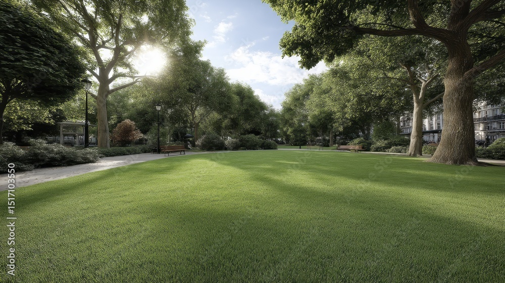 Fototapeta premium Vibrant green meadow, sunlit trees, picturesque summer park Ideal for nature-themed projects - leaves grassland meadow emerald